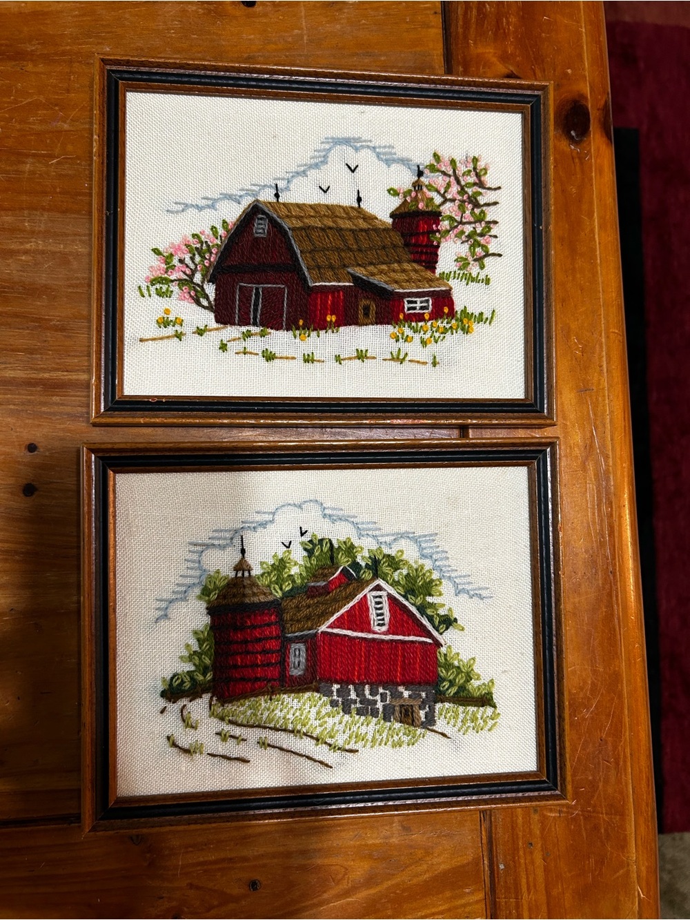 Pair of Framed Red Barn Embroidered Art Prints